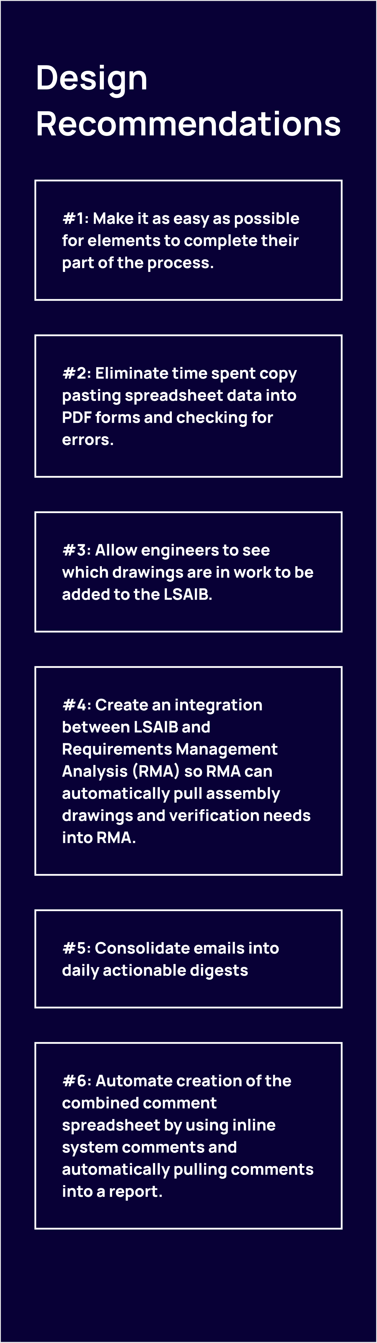 A list of 6 design recommendations, for example: #1 Make it as easy as possible for elements to complete their part of the process.